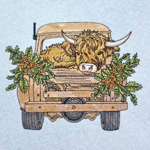 a-highland-cow-in-a-retro-truck