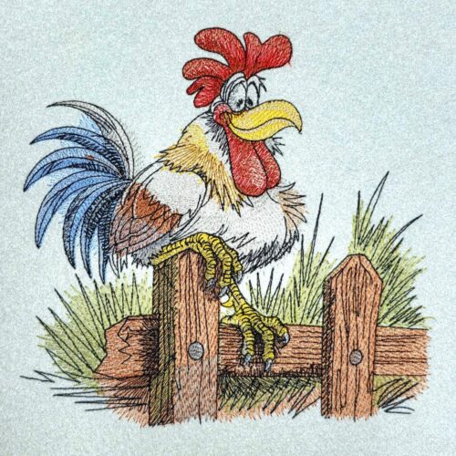 a-rooster-perched-on-a-wooden-fence