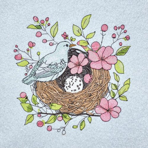 bird-resting-on-floral-nest