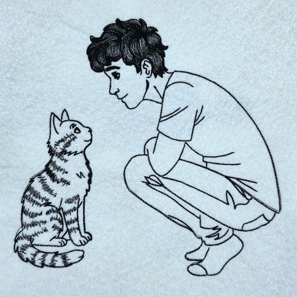 boy-and-cat-talking-line-art