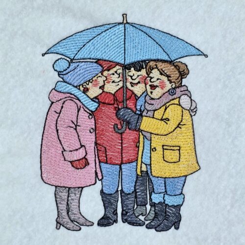 four-friends-under-one-umbrella